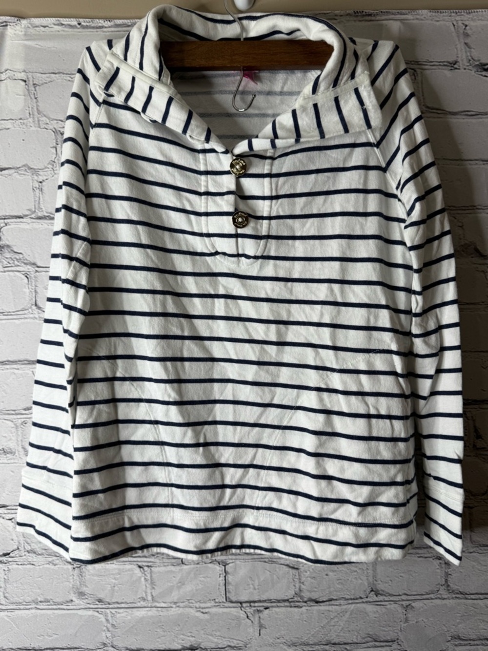 Lilly Pulitzer Windsor Striped Button Pullover Top - White & Navy XXS